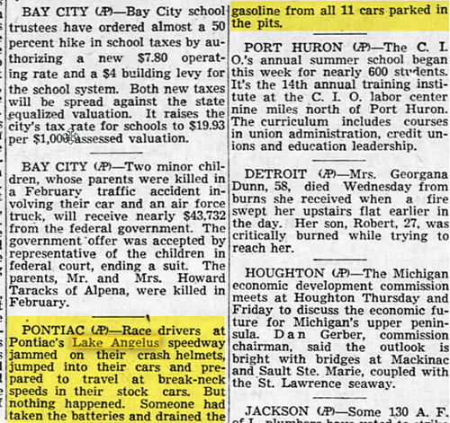 Chief Pontiac Speedway (Lake Angelus Speedway) - Old Lansing State Journal Article From June 18 1954